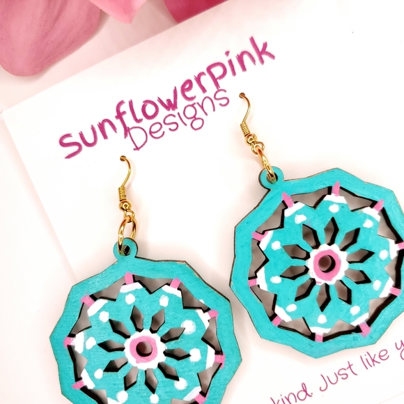 Turquoise Mandala Wooden Earrings, Handpainted.2 inch diameter dangles - Picture 5 of 5